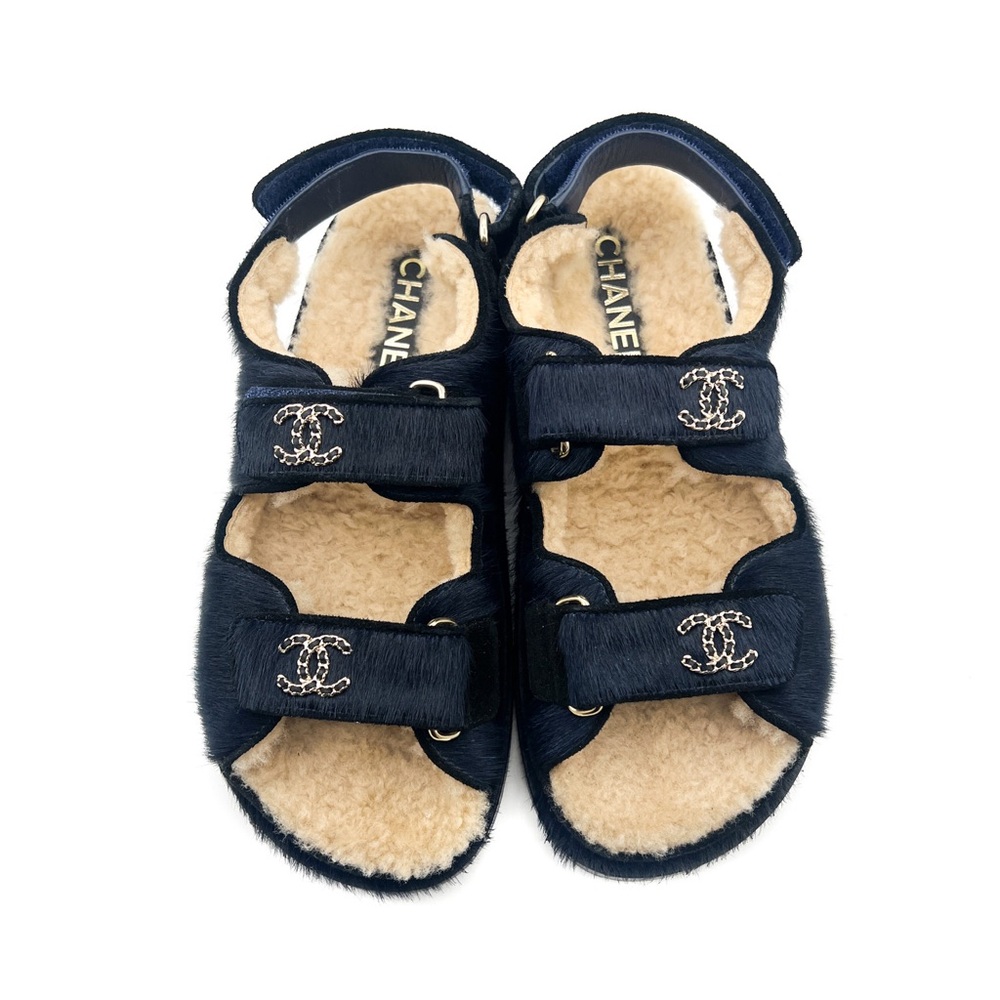 CHANEL Calfskin Hair Suede Shearling Dad Sandals Navy Size 37 7